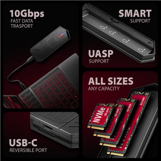 AXAGON USB-C 10Gbps - M.2 NVMe and SATA SSD GAME M.2 box | EEM2-GAM