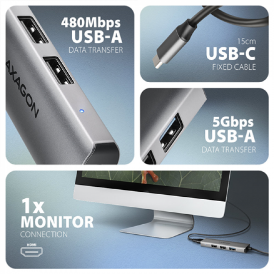 AXAGON USB-C 5Gbps STARTER 4in1 Hub | HMC-H3A