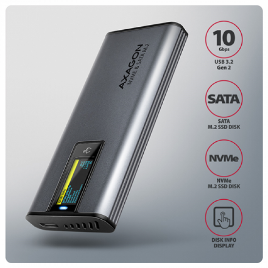 AXAGON External USB-C 10Gbps metal box with info display for M.2 NVMe and SATA SSD | EEM2-SD2