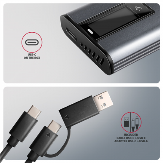 AXAGON External USB-C 10Gbps metal box with info display for M.2 NVMe and SATA SSD | EEM2-SD2