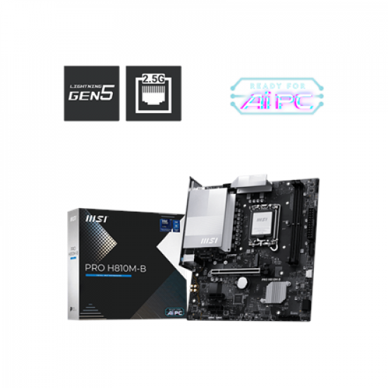 MSI PRO H810M-B | Processor family Intel H810 | Processor socket LGA1851 | DDR5 | Supported hard disk drive interfaces SATA, M.2 | Number of SATA connectors 4