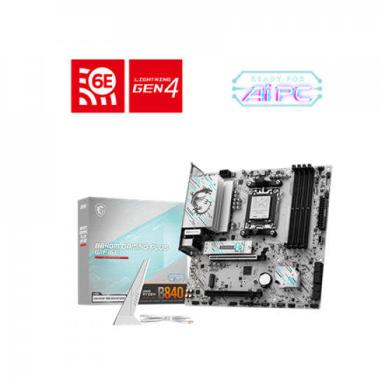 MSI B840M GAMING PLUS WIFI6E | Processor family AMD | Processor socket AM5 | DDR5 | Supported hard disk drive interfaces SATA, M.2 | Number of SATA connectors 4