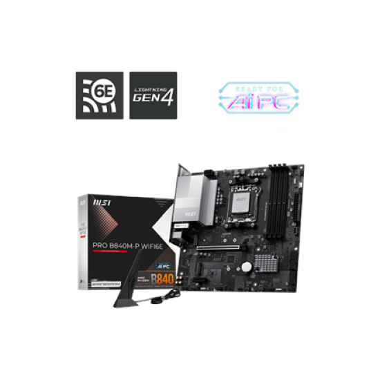 MSI PRO B840M-P WIFI6E | Processor family AMD | Processor socket AM5 | DDR5 | Supported hard disk drive interfaces SATA, M.2 | Number of SATA connectors 4
