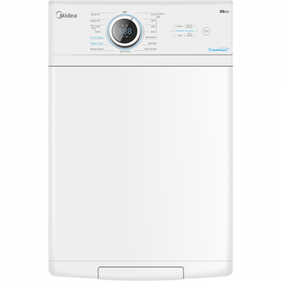 Midea | Washing Machine | MF100T70BA10/W-HR | Energy efficiency class A | Top loading | Washing capacity 7 kg | 1200 RPM | Depth 61 cm | Width 40 cm | Display | LED | Steam function | White