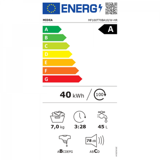 Midea | Washing Machine | MF100T70BA10/W-HR | Energy efficiency class A | Top loading | Washing capacity 7 kg | 1200 RPM | Depth 61 cm | Width 40 cm | Display | LED | Steam function | White