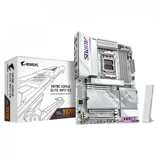 Gigabyte X870E AORUS ELITE WIFI7 ICE | Processor family AMD | Processor socket AM5 | DDR5 | Supported hard disk drive interfaces SATA, M.2 | Number of SATA connectors 4