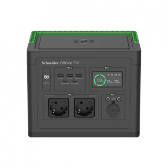 Schneider Electric OffGrid Portable Power Station 730, 738Wh Lithium-ion, LCD, 2 CEE 7/3 Schuko outlets, Sinewave, 3 USB-A, 2 USB-C, Wireless Charger | PPS730-GR