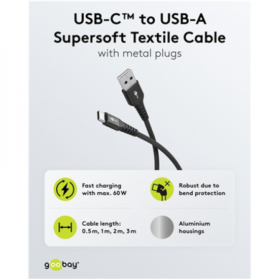 Goobay USB-C to USB-A Supersoft Textile Cable with Metal Plugs | 74526 | USB-C to USB-A