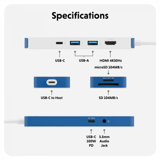 Hyper HyperDrive Flex 8 Port USB-C Hub, White/Blue | HD4102BUGL | HDMI ports quantity 1