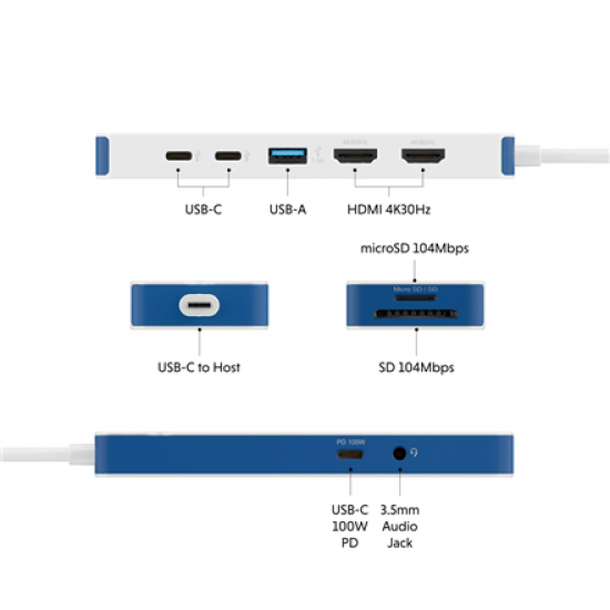 Hyper HyperDrive Flex 9 Port Dual 4K HDMI Dock, White/Blue | HD4103BUGL | HDMI ports quantity 2