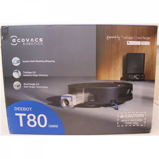 SALE OUT. Ecovacs DEEBOT T80 OMNI Vacuum cleaner, Robot, Wet&Dry, 18000Pa, TruEdge 2.0, ZeroTangle 3.0, Carpet Care, Black + Auto-empty stat | Ecovacs Robotic Vacuum Cleaner | DEEBOT T80 OMNI | Wet&Dry | Li-ion | 6400 mAh | Dust capacity 0.22 L | 18000 Pa