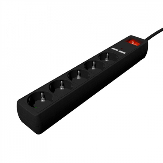 EnerGenie Extension Cord with USB Charger, 5 outlets, 1.5 m, Black | SPG5-U2-5-02