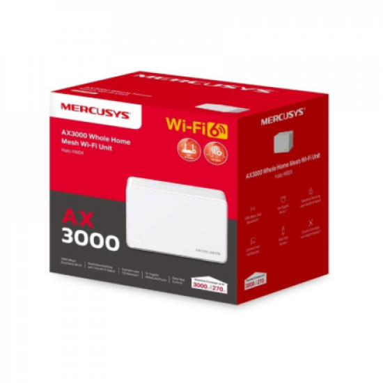 Mercusys AX3000 Whole Home Mesh WiFi 6 System | Halo H80X (1-pack) | 802.11ax | Ethernet LAN (RJ-45) ports 3 | Mesh Support Yes | MU-MiMO No | No mobile broadband