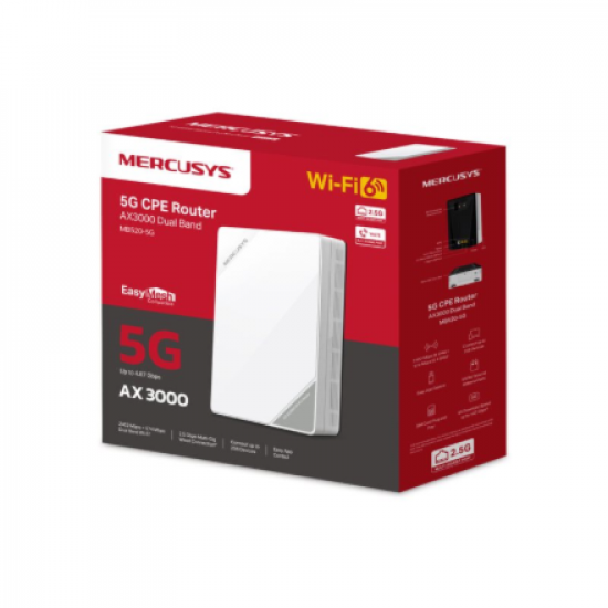 Mercusys 5G AX3000 Wireless Dual Band Router | MB520-5G | 802.11ax | 574/2402 Mbit/s | Ethernet LAN (RJ-45) ports 1 | Mesh Support No | MU-MiMO No | No mobile broadband | Antenna type Internal