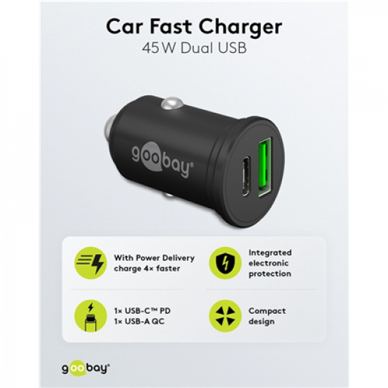 Goobay Dual-USB Car Fast Charger USB-C PD (Power Delivery), 45 W | 61739
