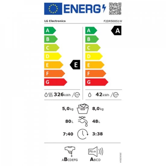 LG Washing machine with dryer | F2DR508S1W | Energy efficiency class A-10%/E | Front loading | Washing capacity 8 kg | 1200 RPM | Depth 48 cm | Width 60 cm | Display | LED | Drying system | Drying capacity 5 kg | Steam function | White
