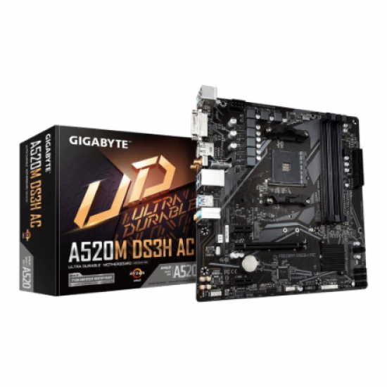 Gigabyte A520M DS3H AC (rev. 1.x) | Processor family AMD | Processor socket AM4 | DDR4 | Supported hard disk drive interfaces SATA, M.2 | Number of SATA connectors 4