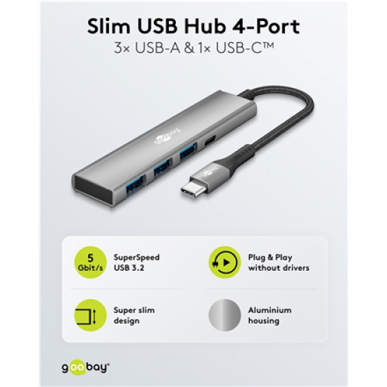 Goobay Slim 4-Port USB Hub, USB-C to USB-C/USB-A, 5 Gbit/s | 76562