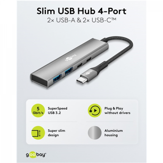 Goobay Slim 4-Port USB Hub, USB-C to USB-C/USB-A, 5 Gbit/s | 76563