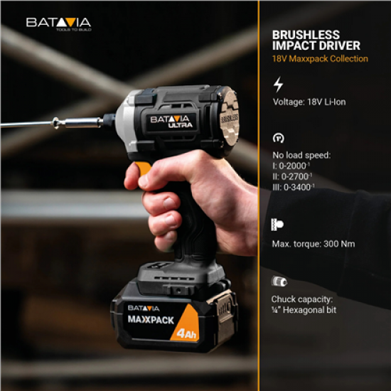 Batavia B.V. 18V Cordless Brushless Impact Driver 230 Nm, Without Battery and Charger