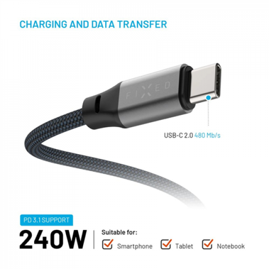 Fixed | Magnetic Braided Cable USB-C/USB-C, USB 2.0, Gray | FIXDBM-CC12-GR