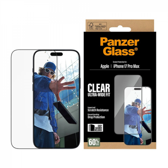 PanzerGlass Screen protector | Apple | iPhone 17 Pro Max | Glass | Transparent | Ultra-Wide Fit w. EasyAligner