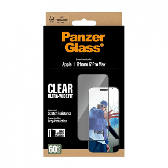 PanzerGlass Screen protector | Apple | iPhone 17 Pro Max | Glass | Transparent | Ultra-Wide Fit w. EasyAligner