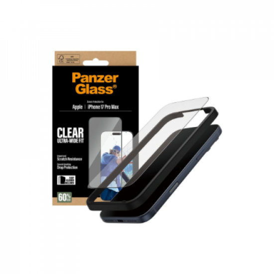 PanzerGlass Screen protector | Apple | iPhone 17 Pro Max | Glass | Transparent | Ultra-Wide Fit w. EasyAligner