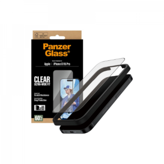 PanzerGlass Screen protector | Apple | iPhone 16 Pro/iPhone 17 | Glass | Transparent | Ultra-Wide Fit w. EasyAligner