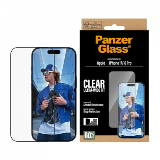 PanzerGlass Screen protector | Apple | iPhone 16 Pro/iPhone 17 | Glass | Transparent | Ultra-Wide Fit w. EasyAligner