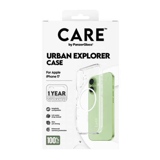PanzerGlass Flagship Case | Back cover | Apple | iPhone 17 | Recycled plastic | Transparent | Urban Explorer w. White MagSafe