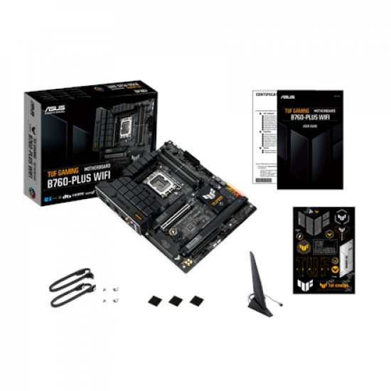 Asus TUF GAMING B760-PLUS WIFI | Processor family Intel | Processor socket LGA1700 | Supported hard disk drive interfaces SATA, M.2 | Number of SATA connectors 4