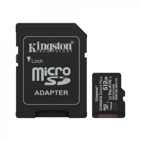 Kingston Canvas Select Plus | 512 GB | microSD | Flash memory class Class 10, UHS-I, U1/U3, video class 10/30, A1