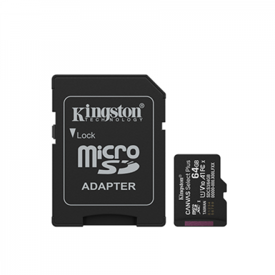 Kingston Canvas Select Plus | 64 GB | microSD | Flash memory class Class 10, UHS-I, U1/U3, video class 10/30, A1