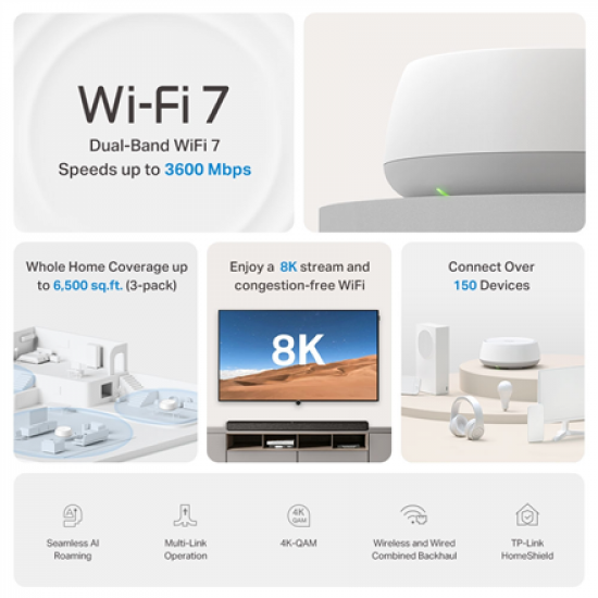 TP-LINK BE3600 Whole Home Mesh WiFi 7 System (2-pack) | Deco BE22 | 802.11ax | Ethernet LAN (RJ-45) ports 2 | Mesh Support Yes | MU-MiMO No | No mobile broadband