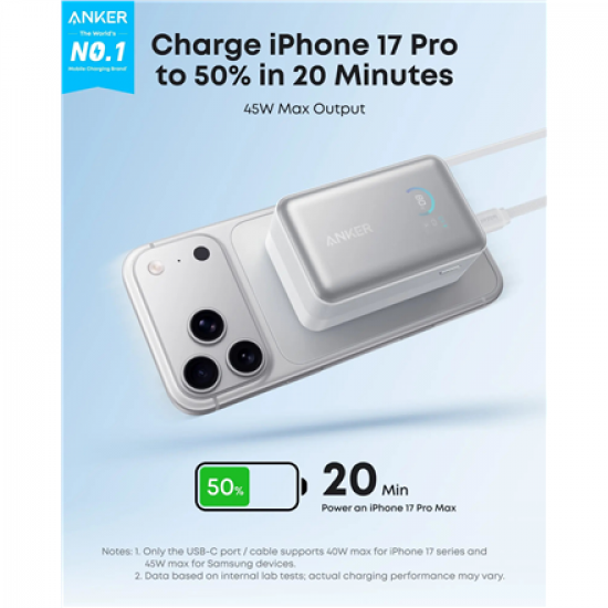 Anker Nano Power Bank 45W with Built-In Retractable USB-C Cable | A1638H21 | 10000 mAh | White