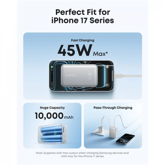 Anker Nano Power Bank 45W with Built-In Retractable USB-C Cable | A1638H21 | 10000 mAh | White