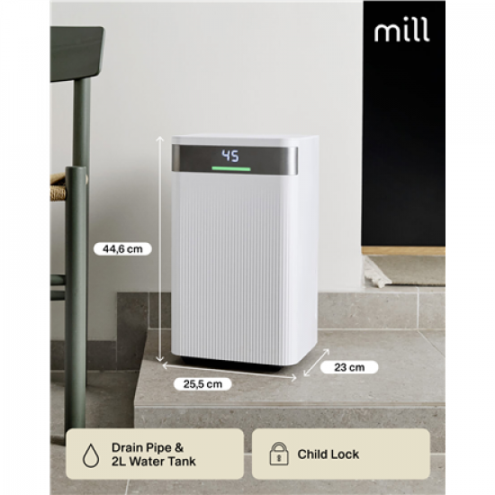 Mill Dehumidifier | MDH12 | Power 200 W | Suitable for rooms up to 8-15 m² | Water tank capacity 2 L | White