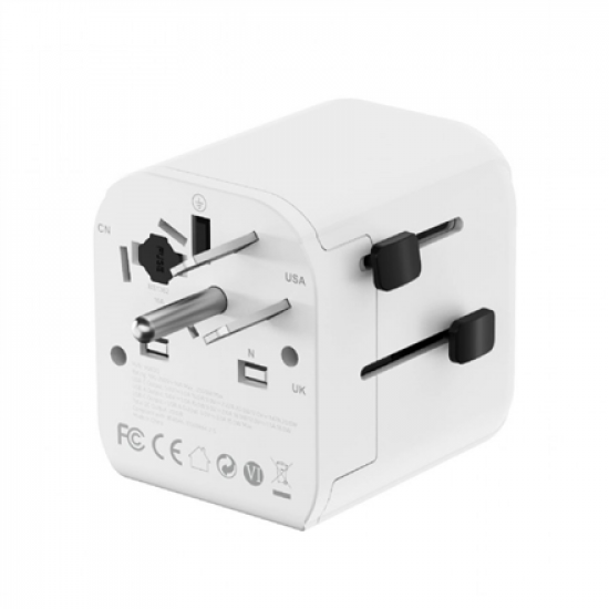 Gembird Grounded universal travel power adapter, 20 W | TPA-EU1A1C20-01-W