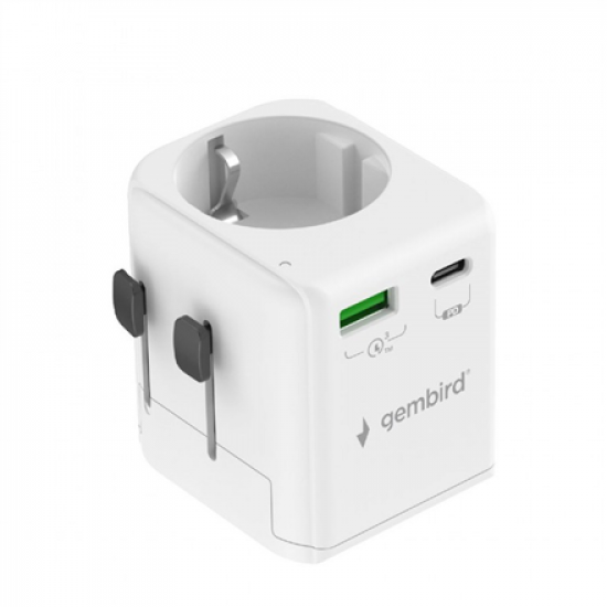 Gembird Grounded universal travel power adapter, 20 W | TPA-EU1A1C20-01-W