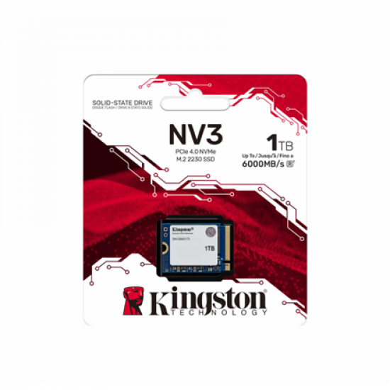 Kingston SSD | NV3 | 1000 GB | SSD form factor M.2 2230 | Solid-state drive interface PCIe 4.0 x4 NVMe | Read speed 6000 MB/s | Write speed 4000 MB/s