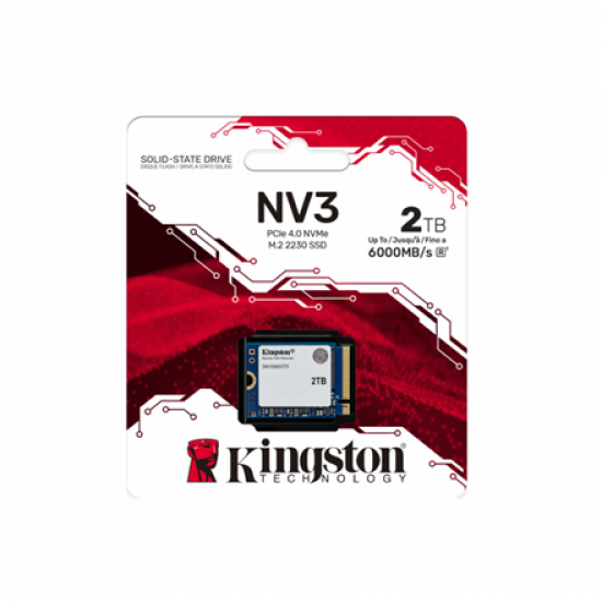 Kingston SSD | NV3 | 2000 GB | SSD form factor M.2 2230 | Solid-state drive interface PCIe 4.0 x4 NVMe | Read speed 6000 MB/s | Write speed 5000 MB/s