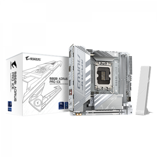 Gigabyte B860I AORUS PRO ICE | Processor family Intel | Processor socket LGA1851 | DDR5 | Supported hard disk drive interfaces SATA, M.2 | Number of SATA connectors 2