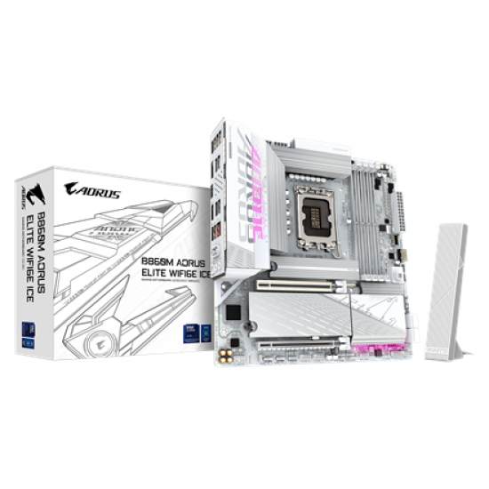 Gigabyte B860M AORUS ELITE WIFI6E ICE | Processor family Intel | Processor socket LGA1851 | DDR5 | Supported hard disk drive interfaces SATA, M.2 | Number of SATA connectors 4