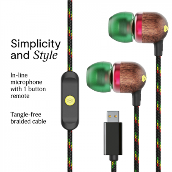 Marley Wired Earbuds | Smile Jamaica | Built-in microphone | USB Type-C | Rasta