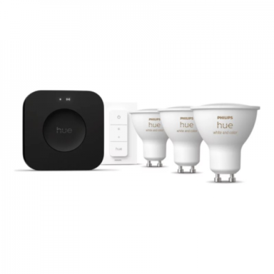 Philips Hue Starter set: 3 GU10 bulbs, dimmer switch, Hue Bridge Pro | GU10 | Zigbee, Wi-Fi, Bluetooth