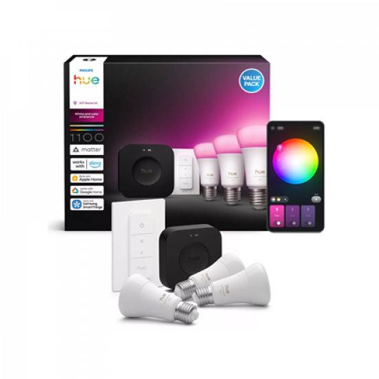 Philips Hue Starter set: 3 smart E27 bulbs, dimmer switch, Hue Bridge Pro | E27 | White and colored light