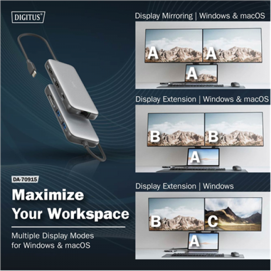 Digitus USB-C docking station, 8-port | DA-70915 | Ethernet LAN (RJ-45) ports 1 | HDMI ports quantity 2
