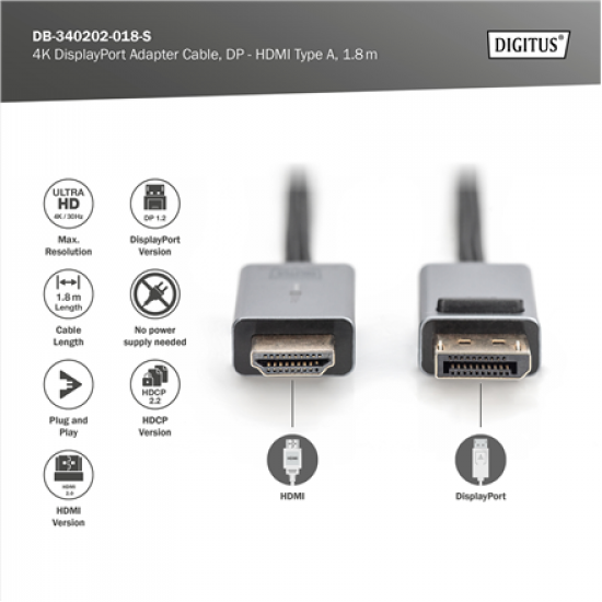 Digitus 4K DisplayPort Adapter Cable, DP - HDMI Type A | DB-340202-018-S | 1.8 m