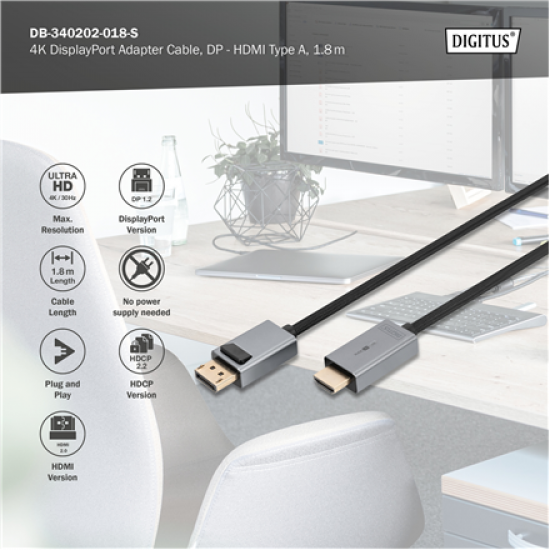 Digitus 4K DisplayPort Adapter Cable, DP - HDMI Type A | DB-340202-018-S | 1.8 m